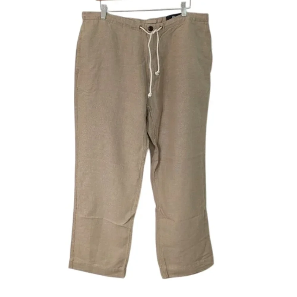 BR Men's Linen Tan Drawstring Casual Beach Pants
